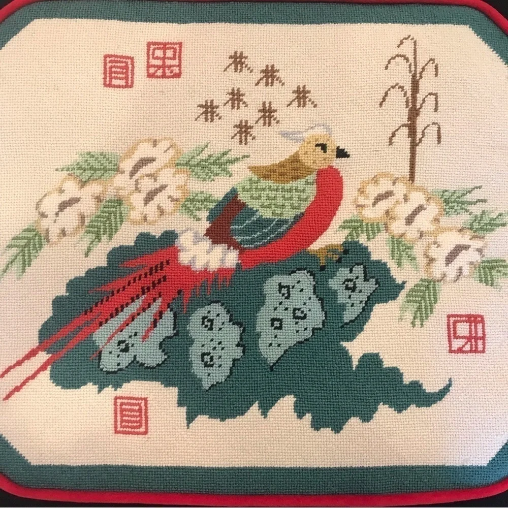 Vintage Needlepoint Oriental Asian Bird Floral Nature Scene Art Wall Decor